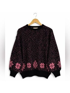 Vintage Black Pink Nordic Knit Sweater | 80s 90s Cozy Statement Pullover